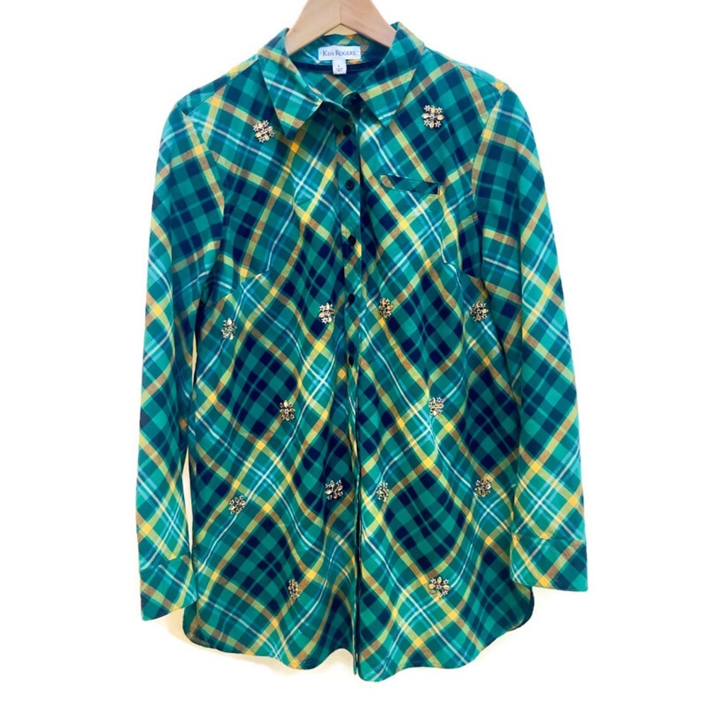 Vintage Kim Rogers Jeweled Brooch Green Plaid Button Up Shirt, Women's Size L